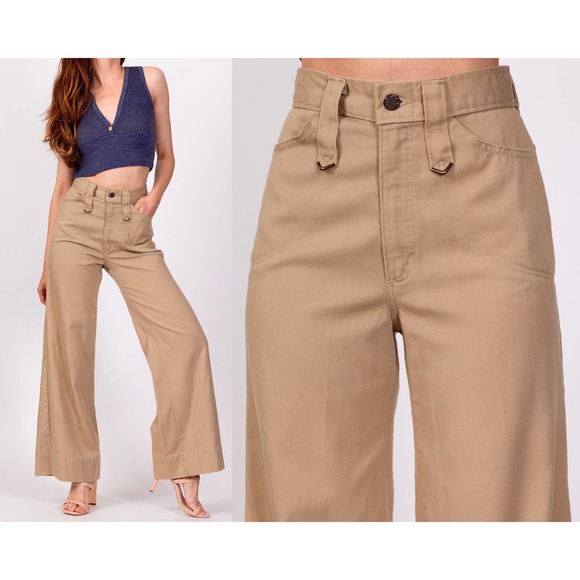 70s High Waisted Khaki Twill Flared Pants - Extra Small, 24" | H.I.S. Flares - Picture 1 of 8